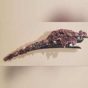 Beautiful Metal Alligator Hair Clip Claw with Pink Flower & Rhinestones 5"
